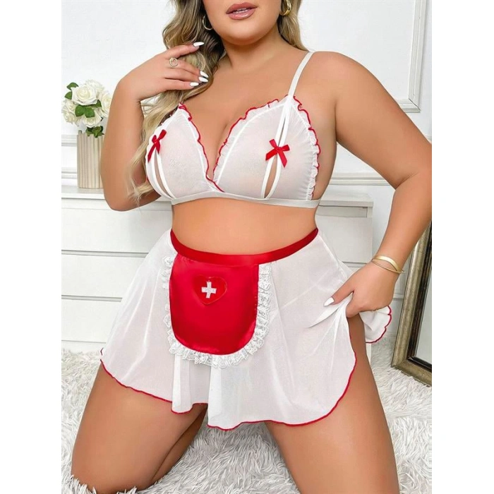Büyük Beden Kurdelalı Göğüs Dekolteli Fantezi Hemşire Kostümü