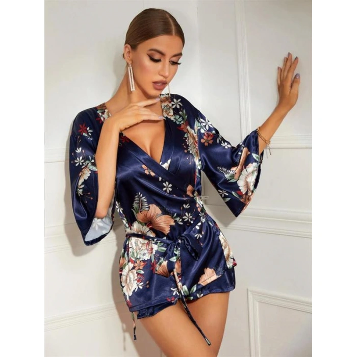 Çiçek Desenli Mavi Mini Saten Gecelik Sabahlık