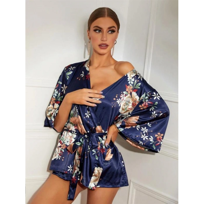 Çiçek Desenli Mavi Mini Saten Gecelik Sabahlık