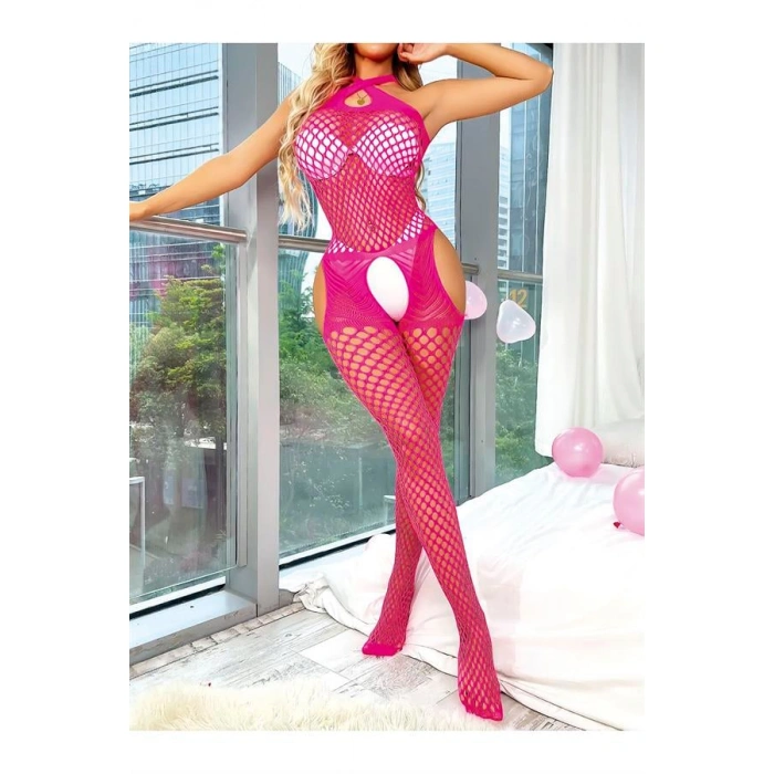 Fantezi Pembe Fileli Vücut Çorabı