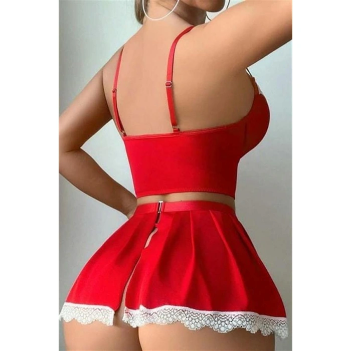 Kırmızı Beyaz Bacak Aksesuarlı Büstiyerli Fantezi Hizmetçi Kostümü