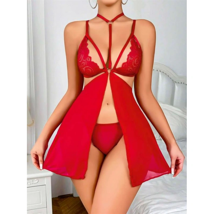 Kırmızı Dantel İşlemeli İp Detaylı Dekolteli Fantezi Tül Gecelik