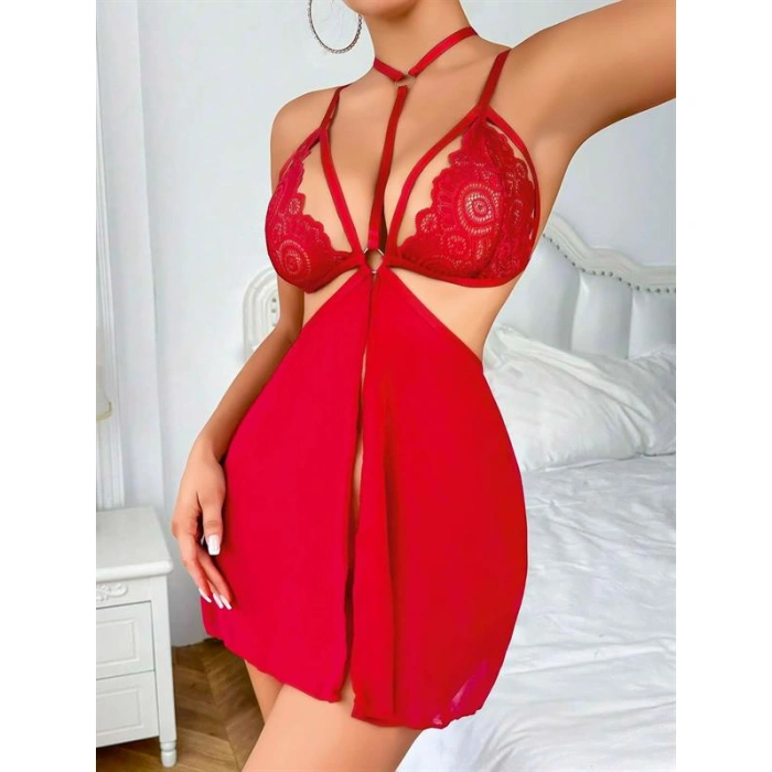 Kırmızı Dantel İşlemeli İp Detaylı Dekolteli Fantezi Tül Gecelik