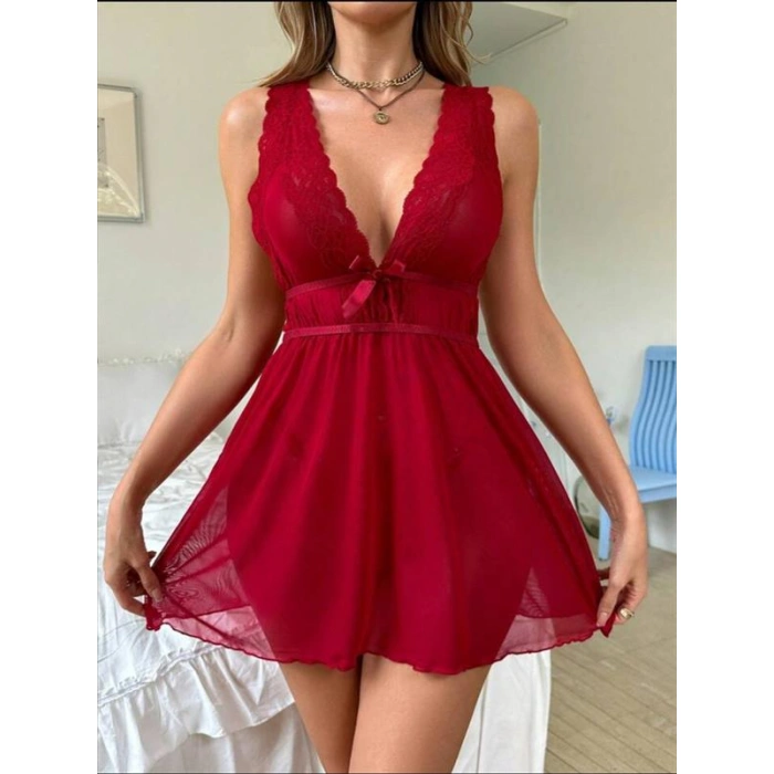 Kırmızı Dantel İşlemeli Tül Fantezi Gecelik