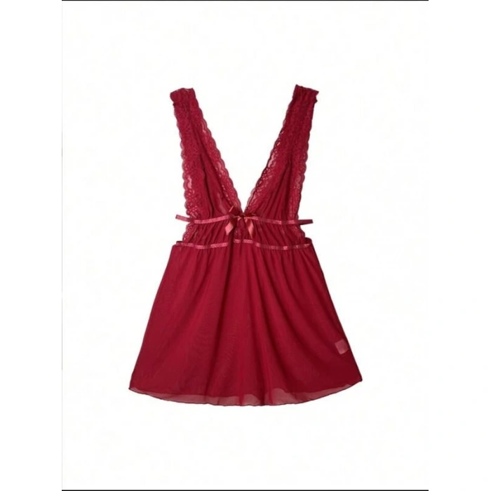 Kırmızı Dantel İşlemeli Tül Fantezi Gecelik