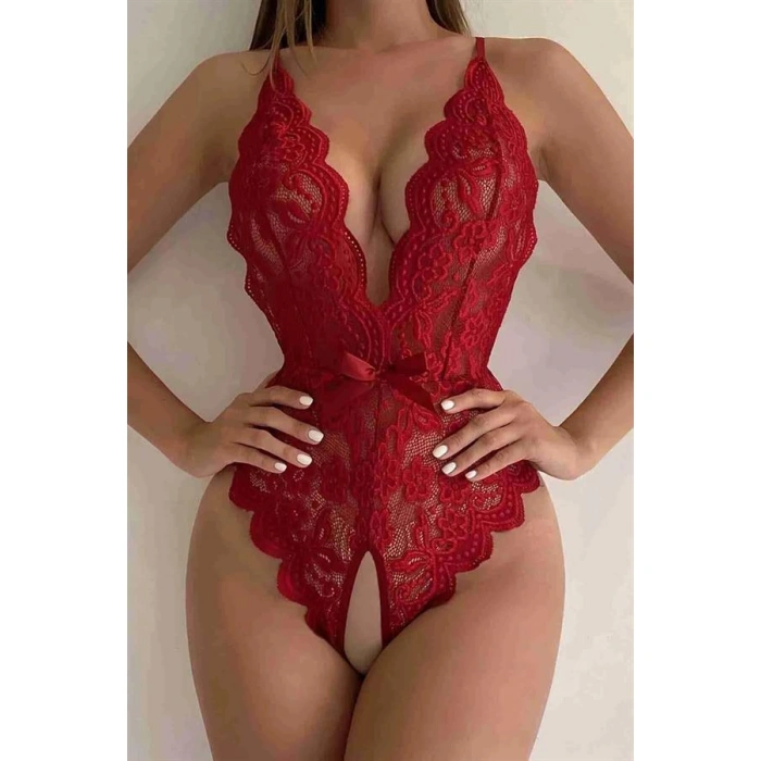 Kırmızı Özel Bölgesi Açık Fiyonklu Dantel Fantezi Body