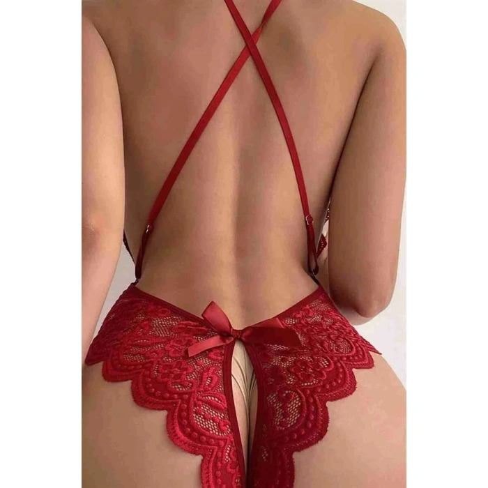 Kırmızı Özel Bölgesi Açık Fiyonklu Dantel Fantezi Body