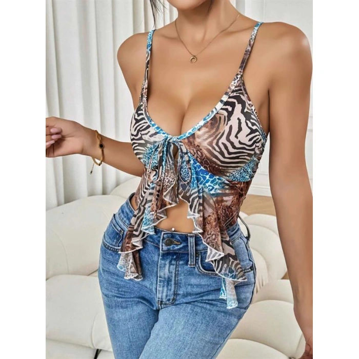 Leopar Desenli İnce Askılı Önden Bağlamalı Fırfır Detaylı Crop