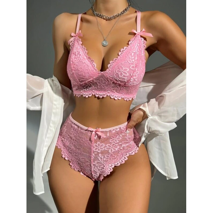 Pembe Dantelli Fantezi Bralet Sütyen Takımı