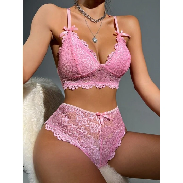 Pembe Dantelli Fantezi Bralet Sütyen Takımı