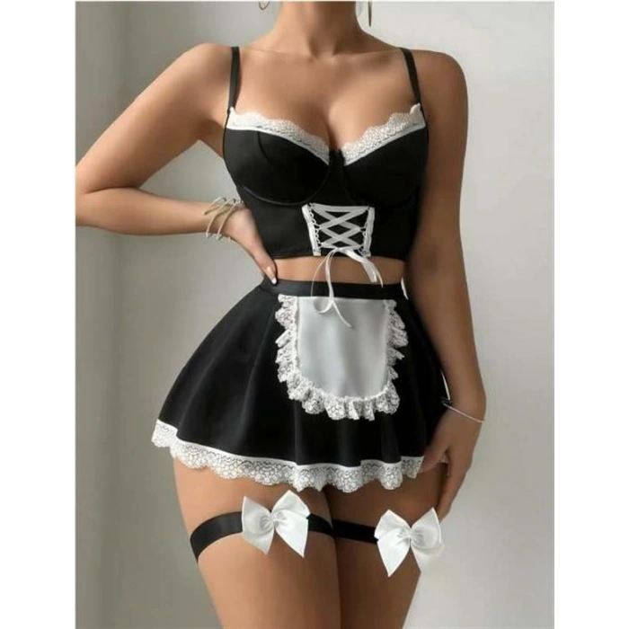 Siyah Beyaz Bacak Aksesuarlı Büstiyerli Fantezi Hizmetçi Kostümü