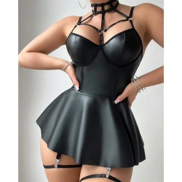 Siyah Fantezi Parlak Deri Şık Club Elbise