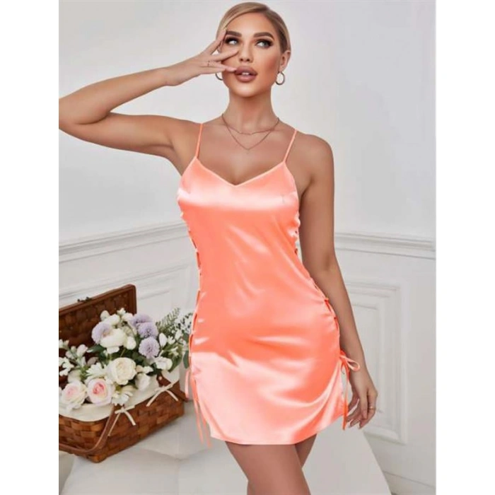 Somon Yanları İp Detay İnce Askılı Saten Kısa Fantezi Gecelik