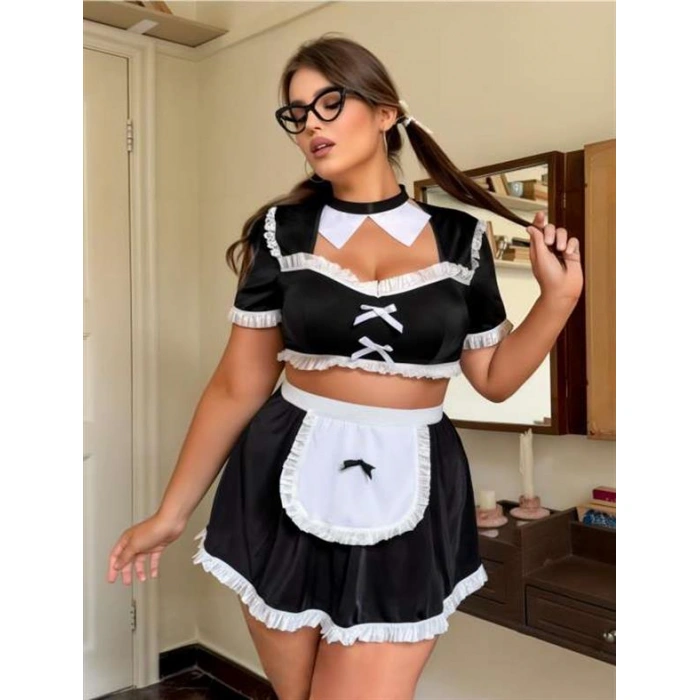 Büyük Beden Mini Etekli Büstiyerli Fantezi Hizmetçi Kostümü