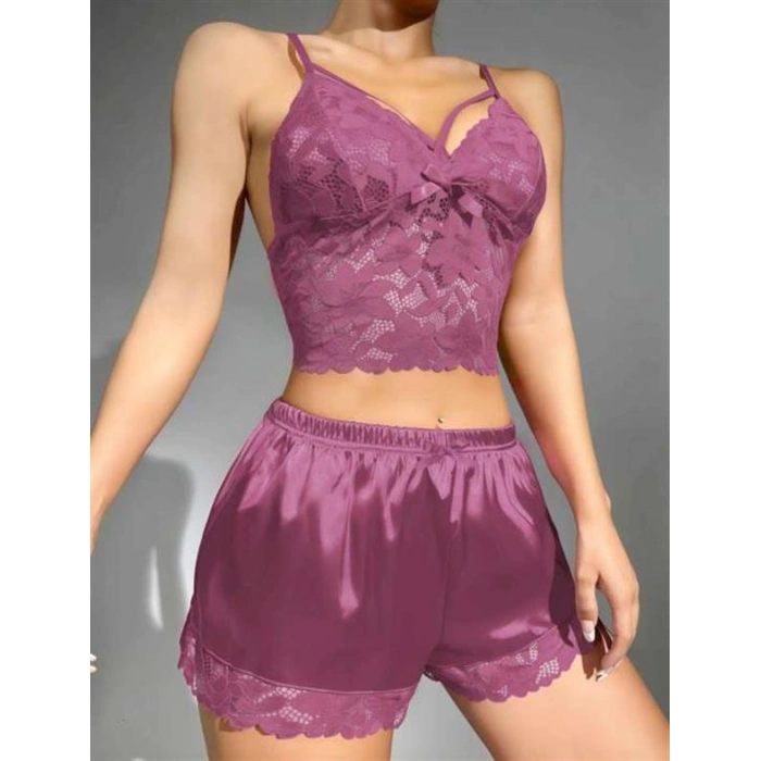 Dantelli Büstiyer İnce Askılı Lila Saten Şortlu Takım