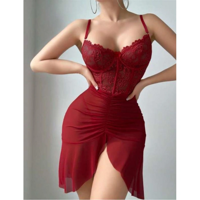 Fırfırlı Dantel İşlemeli Tül Fantezi Bordo Gecelik