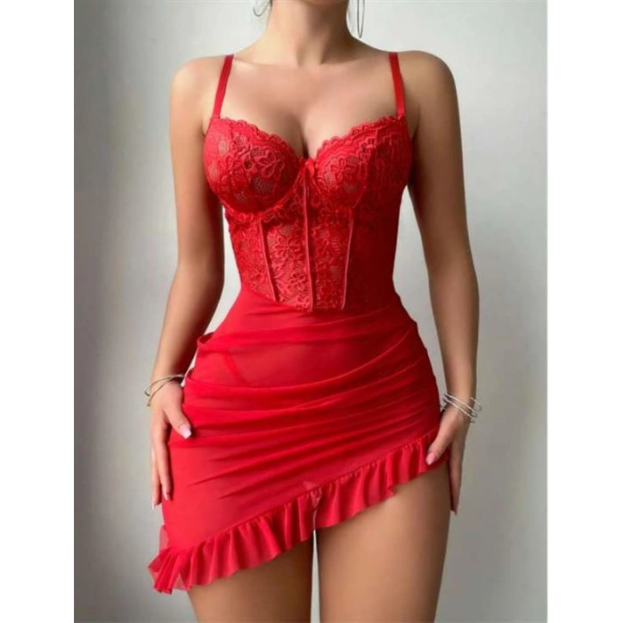 Fırfırlı Dantel İşlemeli Tül Fantezi Kırmızı Gecelik