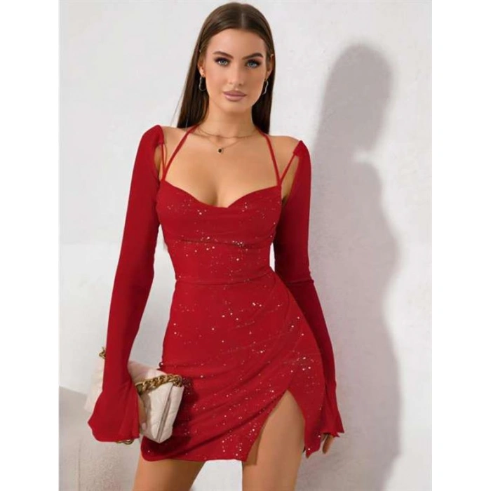 Kırmızı Yırtmaç Detay Simli Fantezi Mini Club Elbisesi