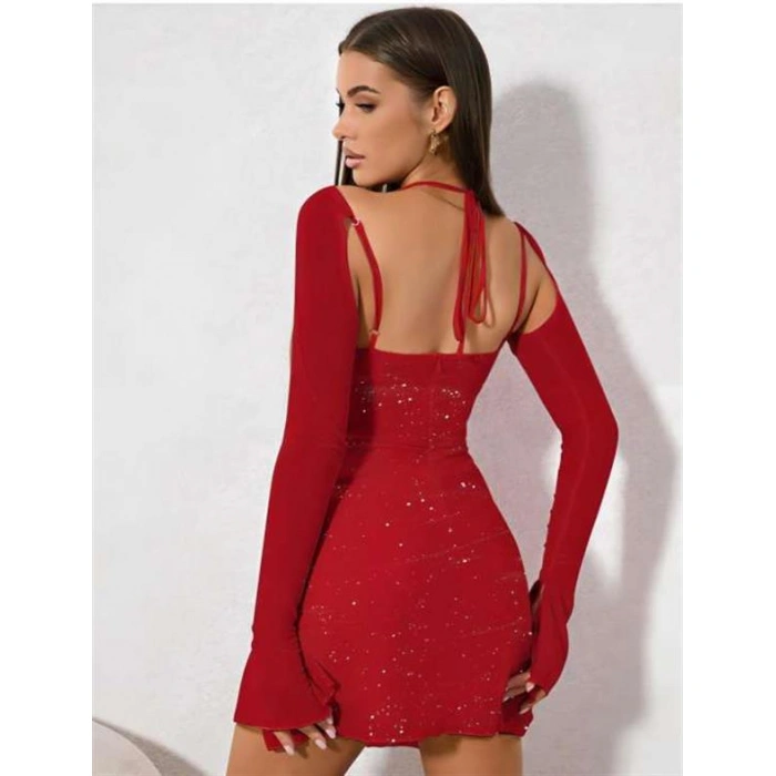 Kırmızı Yırtmaç Detay Simli Fantezi Mini Club Elbisesi