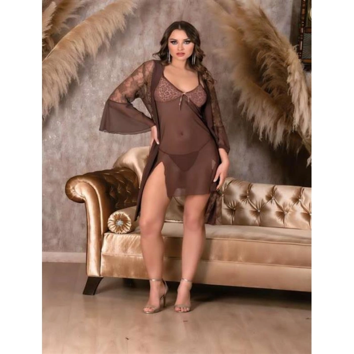 Leopar Desenli Transparan Dantel İşlemeli Tül Yırtmaçlı 2li Gecelik Takımı