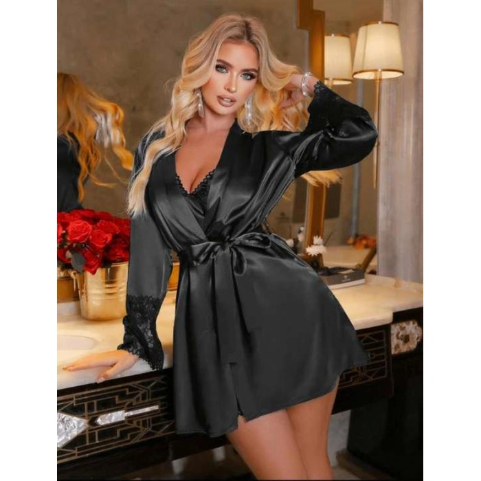 Siyah Dantel İşlemeli İnce Askılı 2li Saten Gecelik Sabahlık Takımı