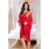 Transparan Dantel İşlemeli Tül Yırtmaçlı 2li Kırmızı Gecelik Takımı