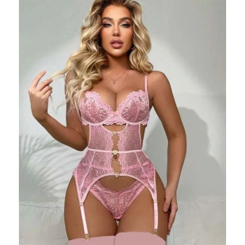 Kalp Aksesuarlı Dantelli Fantezi Pembe Jartiyer Takım