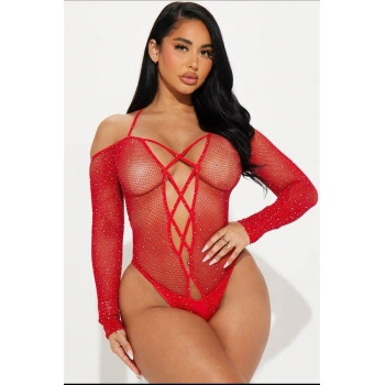 Özel Tasarım Kırmızı Taşlı Fantezi Vücut Çorabı