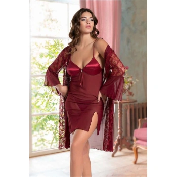 Bordo Transparan Dantel İşlemeli Tül Yırtmaçlı 2li Gecelik Takımı