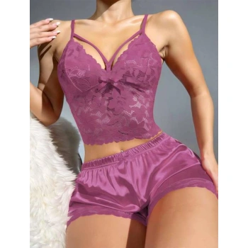 Dantelli Büstiyer İnce Askılı Lila Saten Şortlu Takım