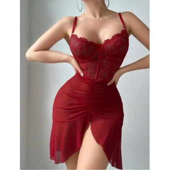 Fırfırlı Dantel İşlemeli Tül Fantezi Bordo Gecelik