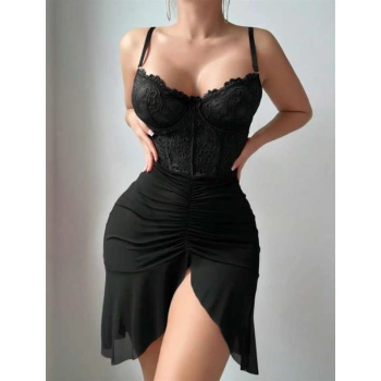 Fırfırlı Dantel İşlemeli Tül Fantezi Siyah Gecelik