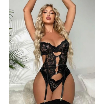 Kalp Aksesuarlı Dantelli Fantezi Siyah Jartiyer Takım