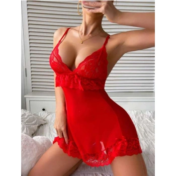 Kırmızı Dantel İşlemeli İnce Askılı Likralı Fantezi Tül Gecelik