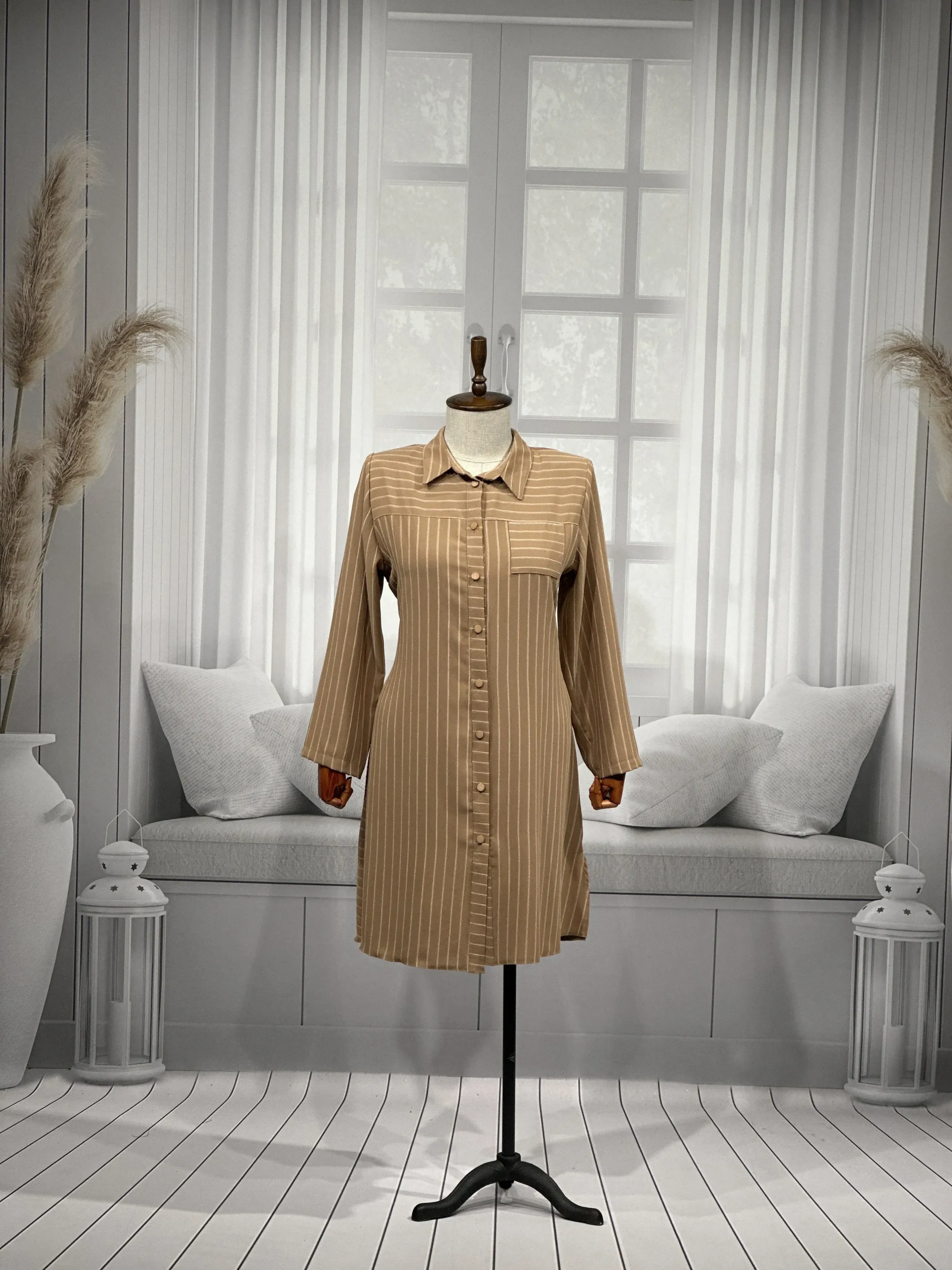 HESNA 5311 ÇİZGİLİ TUNİK - BEJ - (Asorti: 46-52)