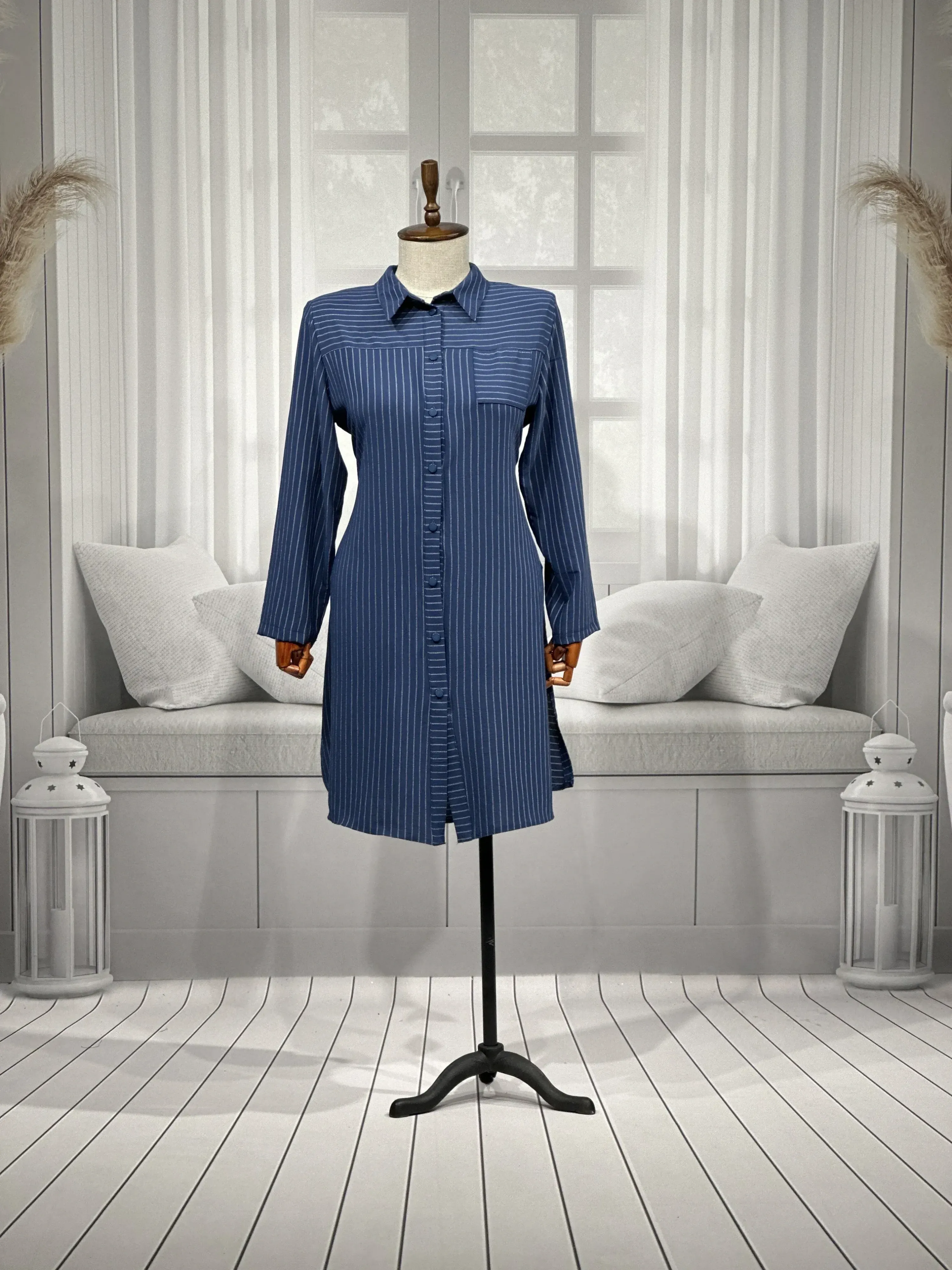 HESNA 5311 ÇİZGİLİ TUNİK - İNDİGO - (Asorti: 46-52)