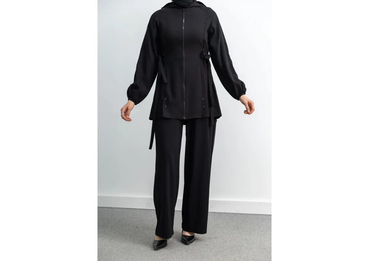 Letafet Şerit Detaylı Kapüşonlu Fermuarlı Ceket - SİYAH - (Asorti: S-XL)