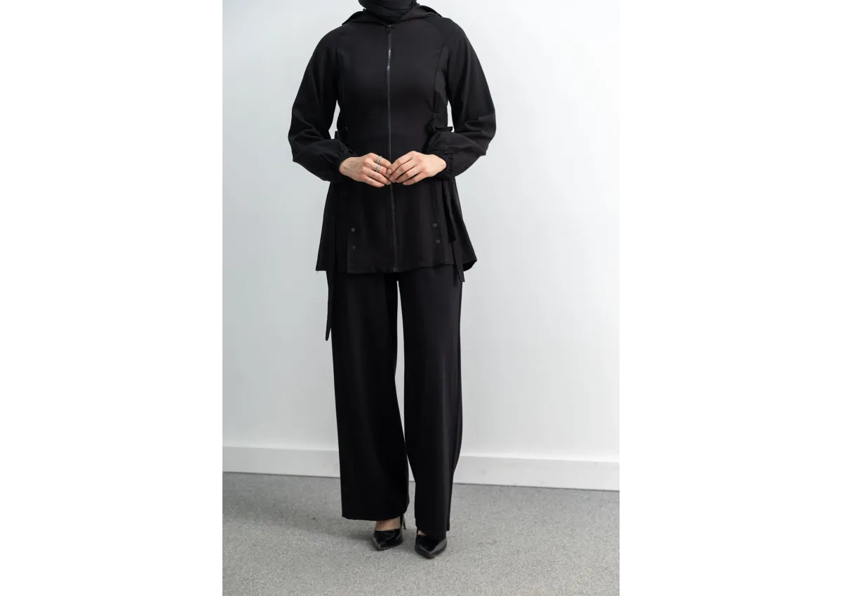 Letafet Şerit Detaylı Kapüşonlu Fermuarlı Ceket - SİYAH - (Asorti: S-XL)