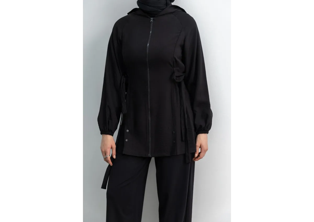 Letafet Şerit Detaylı Kapüşonlu Fermuarlı Ceket - SİYAH - (Asorti: S-XL)