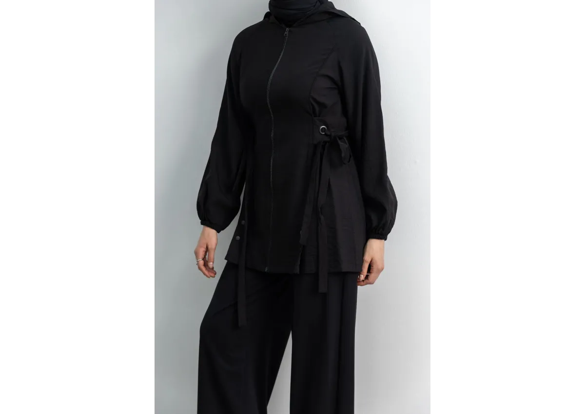 Letafet Şerit Detaylı Kapüşonlu Fermuarlı Ceket - SİYAH - (Asorti: S-XL)