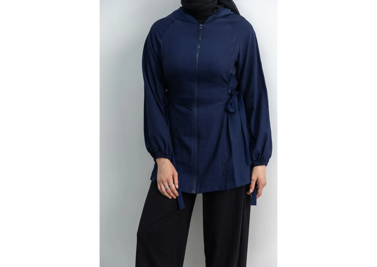 Letafet Şerit Detaylı Kapüşonlu Fermuarlı Ceket - LACİVERT - (Asorti: S-XL)