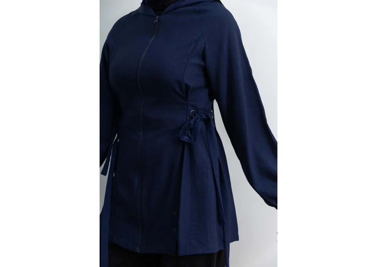 Letafet Şerit Detaylı Kapüşonlu Fermuarlı Ceket - LACİVERT - (Asorti: S-XL)