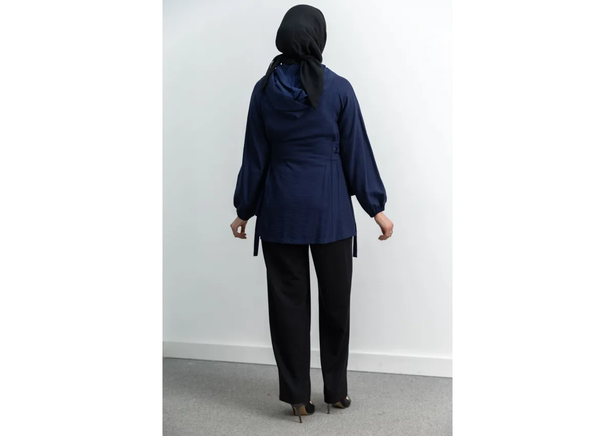 Letafet Şerit Detaylı Kapüşonlu Fermuarlı Ceket - LACİVERT - (Asorti: S-XL)