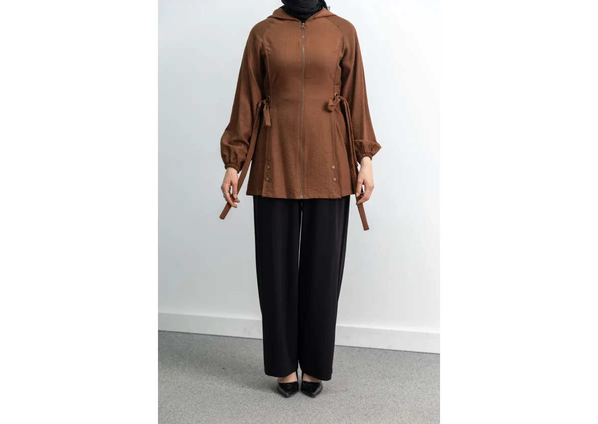 Letafet Şerit Detaylı Kapüşonlu Fermuarlı Ceket - KAHVE - (Asorti: S-XL)