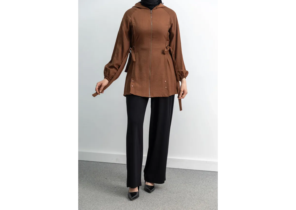 Letafet Şerit Detaylı Kapüşonlu Fermuarlı Ceket - KAHVE - (Asorti: S-XL)