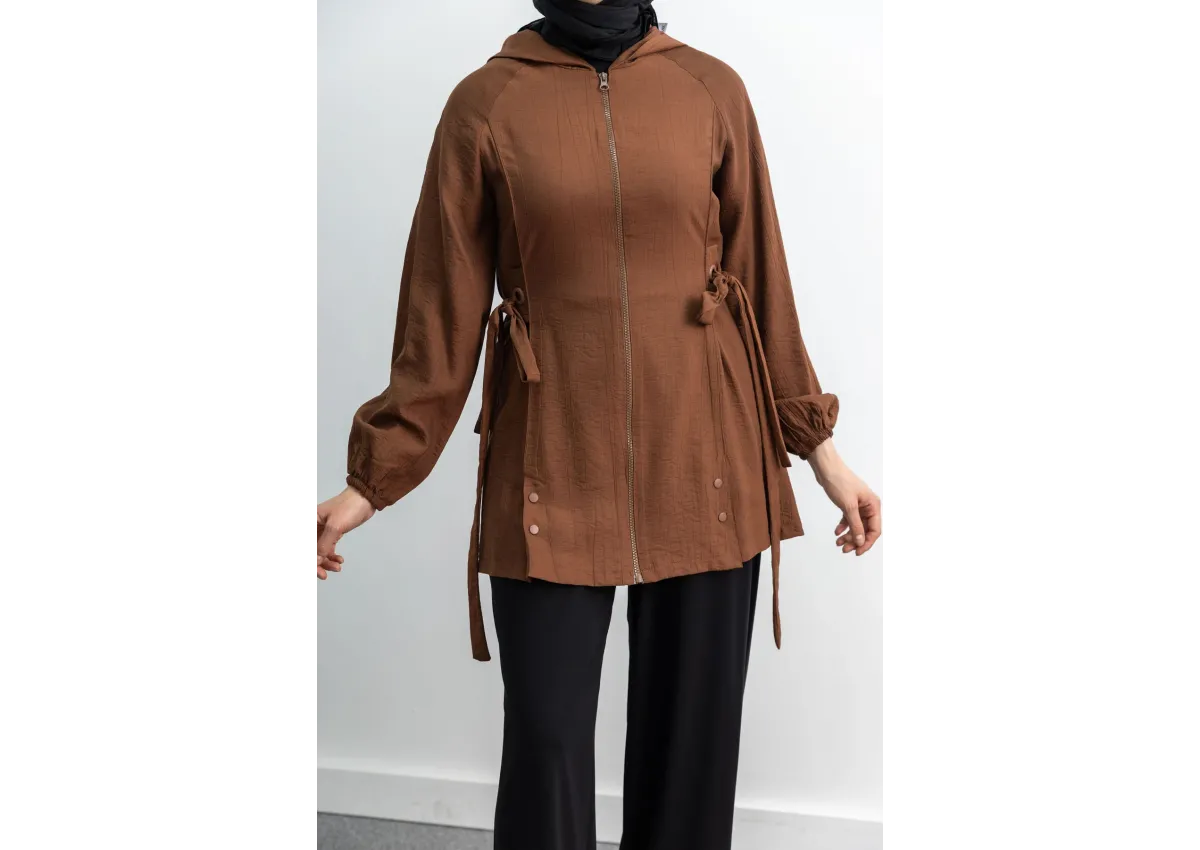 Letafet Şerit Detaylı Kapüşonlu Fermuarlı Ceket - KAHVE - (Asorti: S-XL)