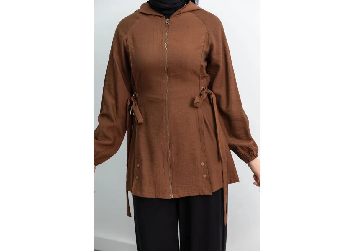 Letafet Şerit Detaylı Kapüşonlu Fermuarlı Ceket - KAHVE - (Asorti: S-XL)