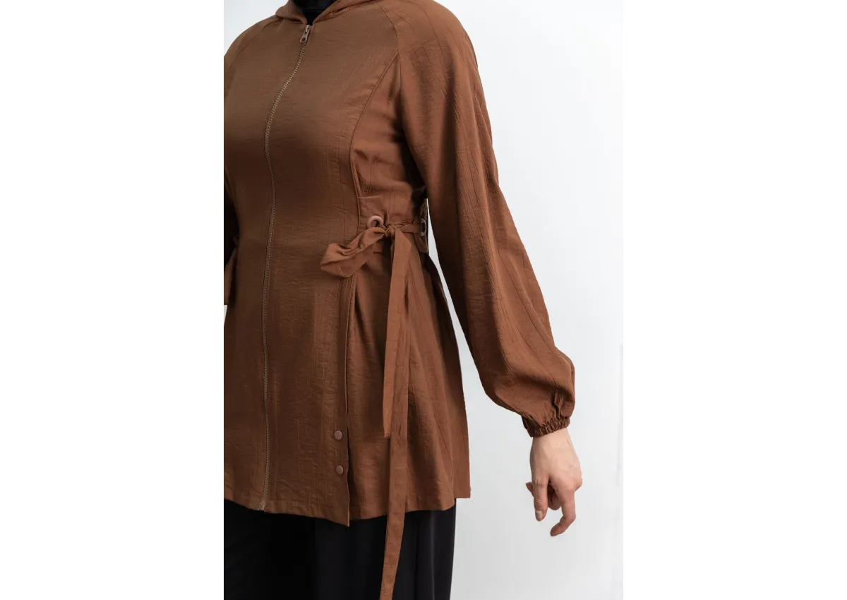 Letafet Şerit Detaylı Kapüşonlu Fermuarlı Ceket - KAHVE - (Asorti: S-XL)