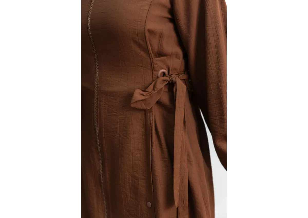 Letafet Şerit Detaylı Kapüşonlu Fermuarlı Ceket - KAHVE - (Asorti: S-XL)