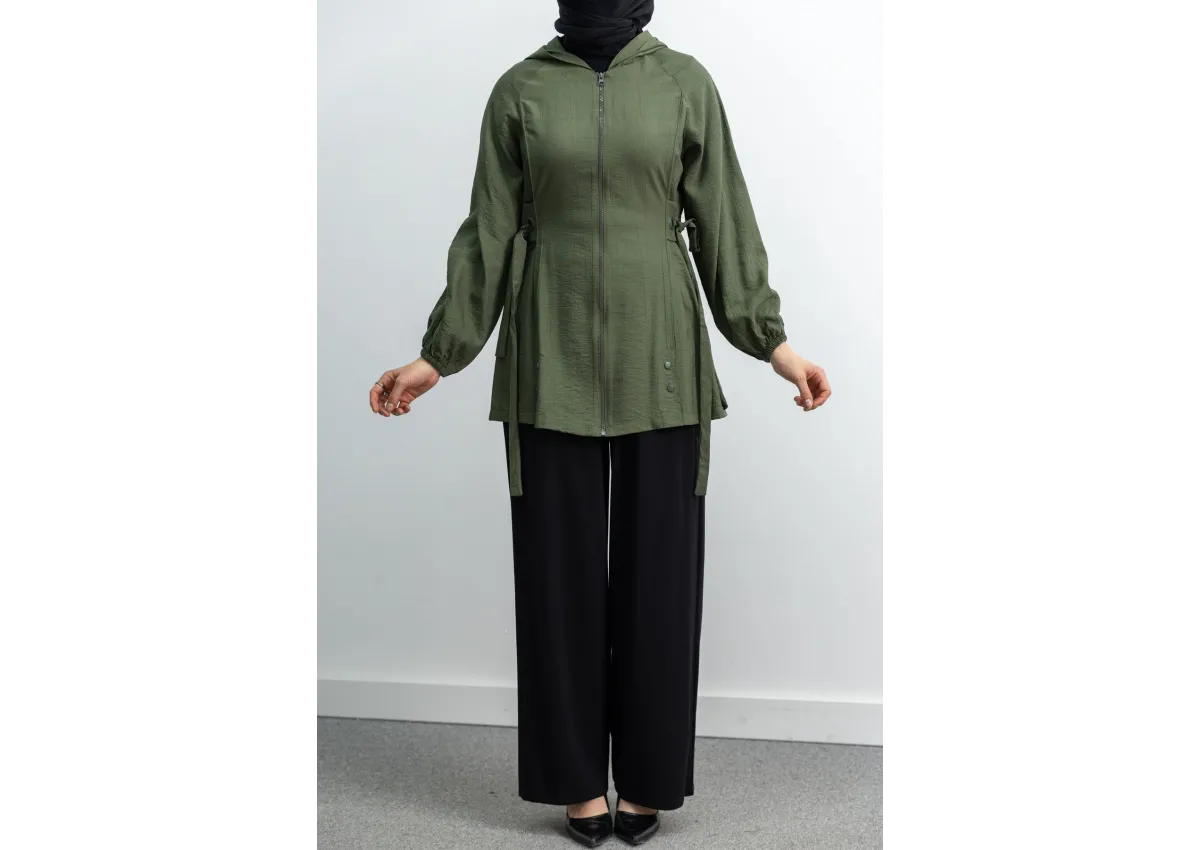 Letafet Şerit Detaylı Kapüşonlu Fermuarlı Ceket - HAKİ - (Asorti: S-XL)